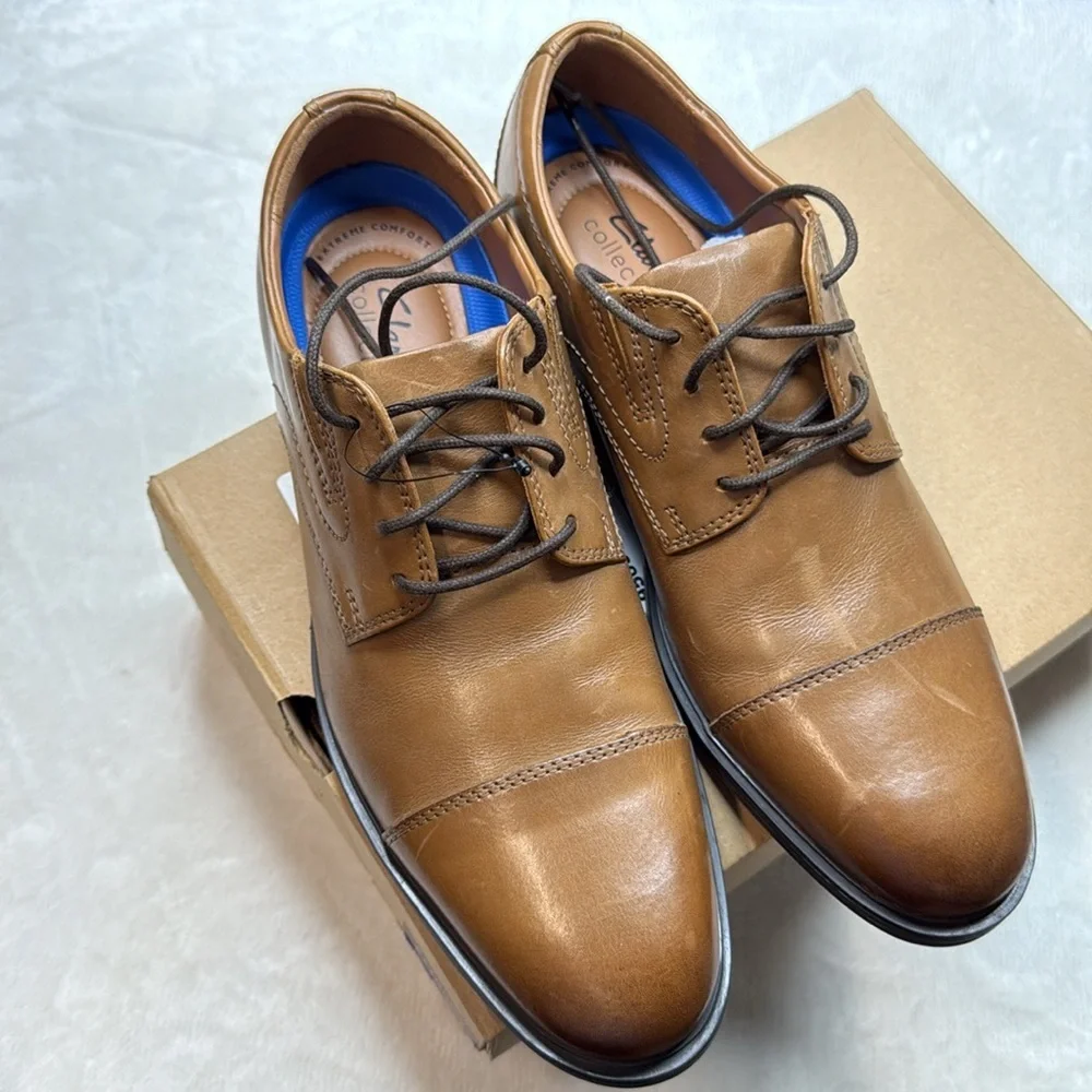 Clarks Whiddon Cap Toe Oxfords Leather Shoes in Dark Tan- Size 8.5